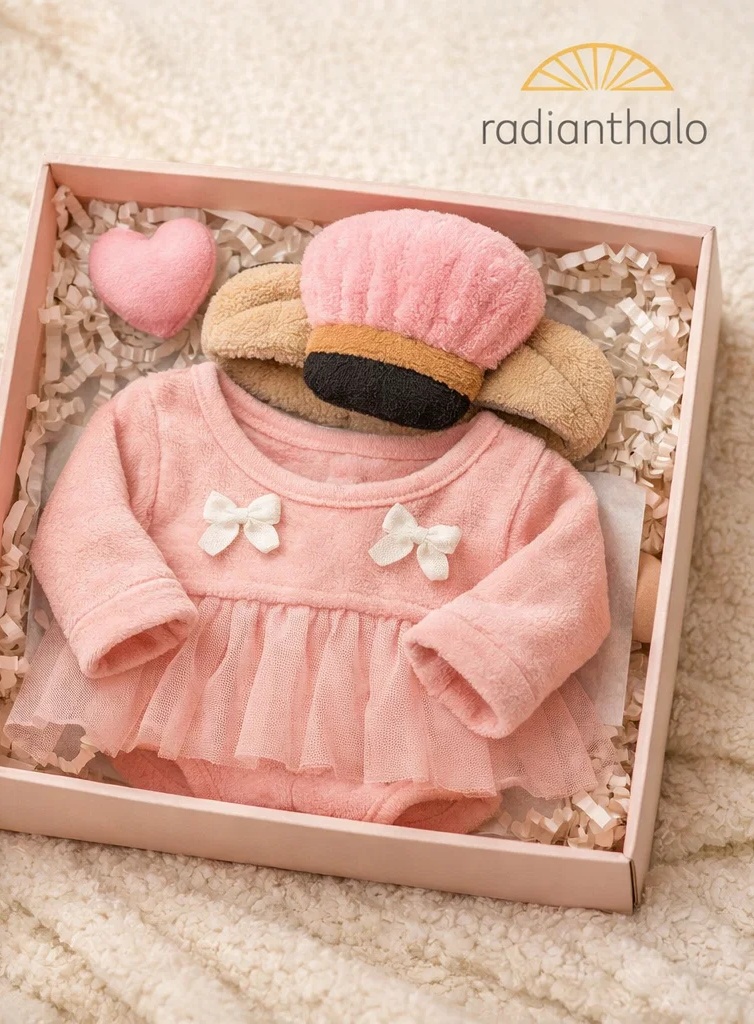 Caixa de presente boutique para bebê com vestido rosa, faixa de pelúcia removível em formato de pincel de maquiagem e apelo premium