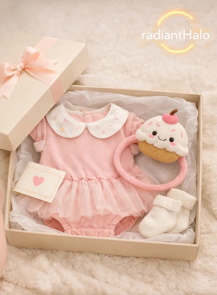 🍰 Wholesale Pink Tulle Romper Gift Box with Cupcake Plush Headband and Booties