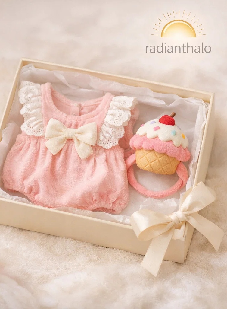 🧁 Boutique Pink Lace Romper Gift Box with Cupcake Plush Headband