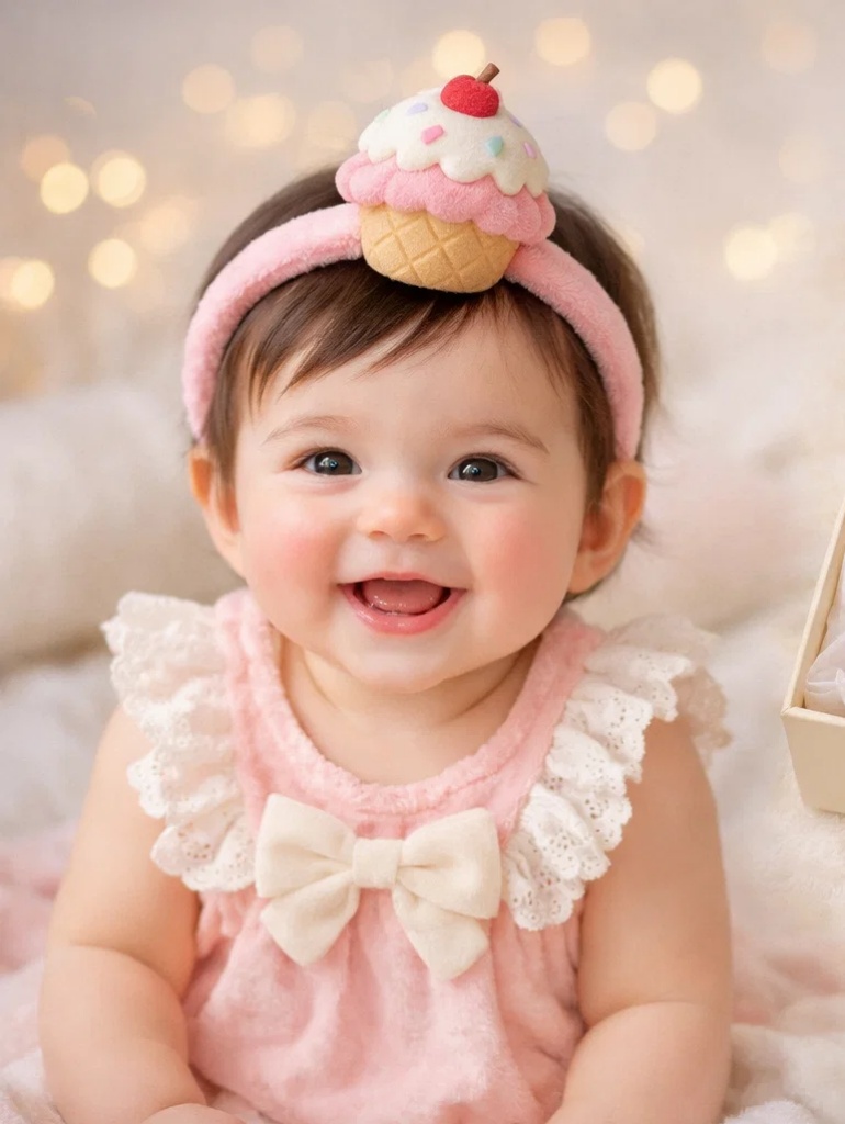 🧁 Boutique Pink Lace Romper Gift Box with Cupcake Plush Headband