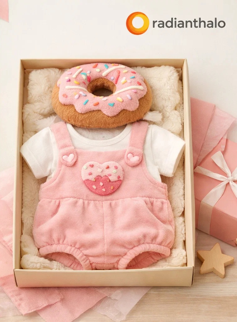 🍩 OEM Pink Suspender Romper Gift Box with Donut Plush Headband