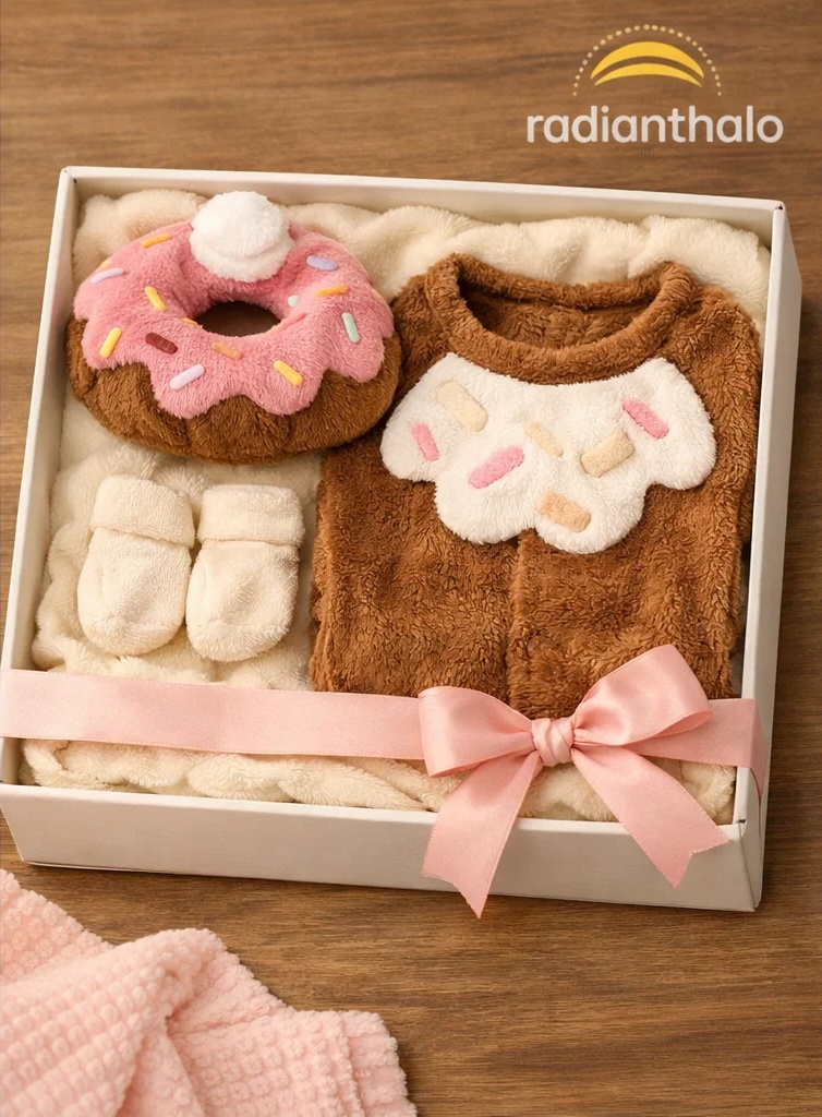 🍩 Wholesale Brown Plush Romper Gift Box with Donut Headband and Booties