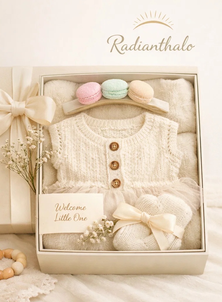 🎀 Boutique Cream Knit Baby Gift Box with Macaron Plush Headband and Booties
