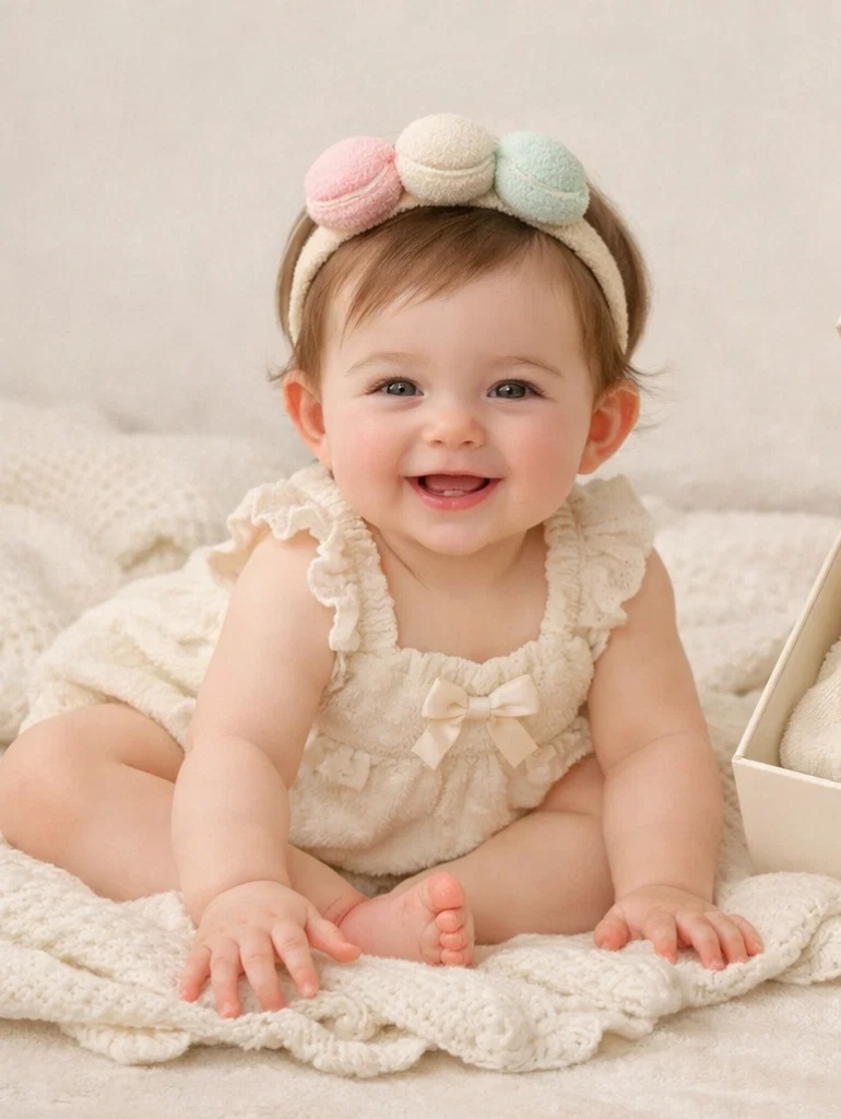 🤍 OEM Cream Lace Baby Gift Box with Macaron Plush Headband and Blanket