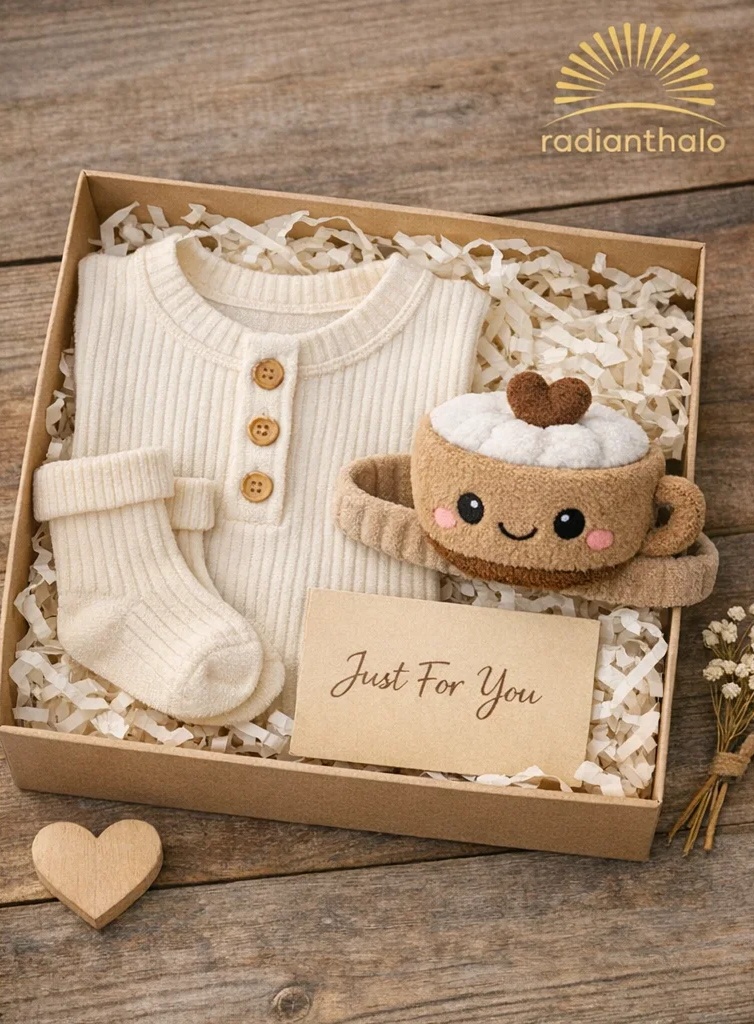 Wholesale Coffee Cup Baby Gift Box with Ribbed Romper, Socks & Plush Latte Headband