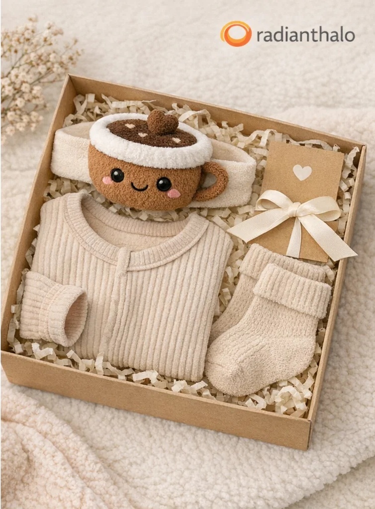 Boutique Neutral Newborn Knit Gift Set with Coffee Mug Toy Headband & Socks