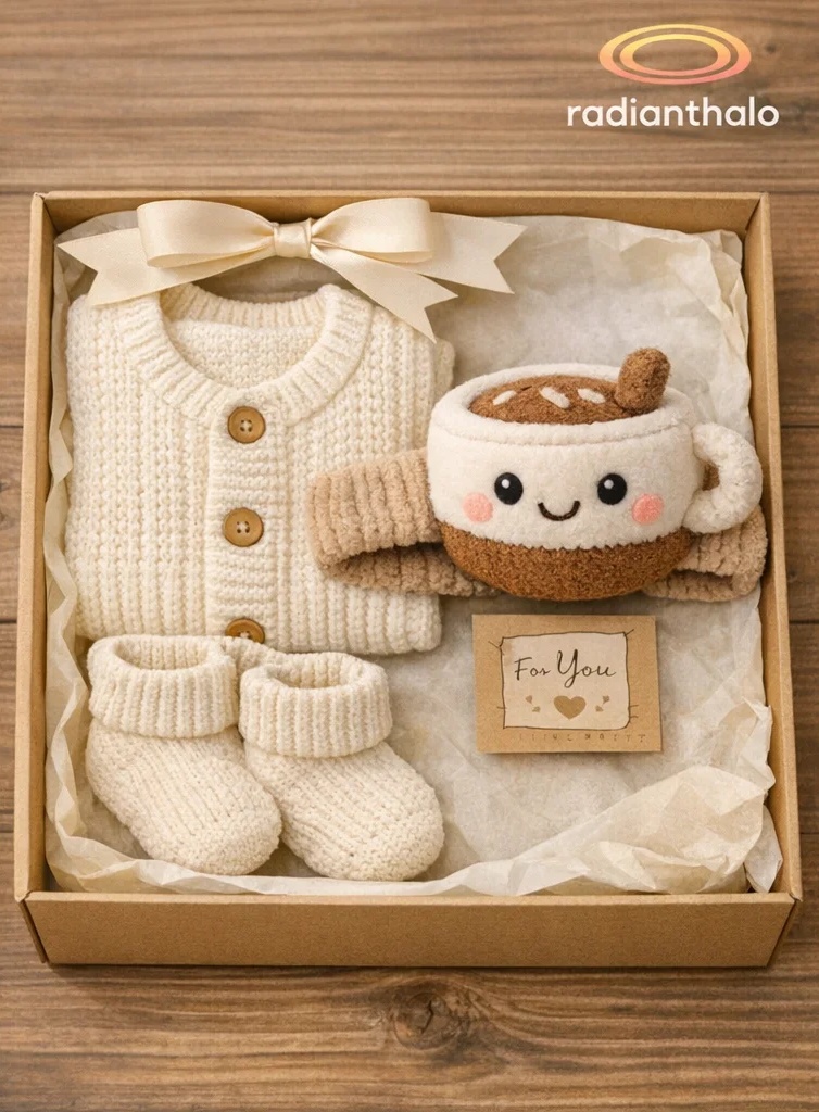 Premium Cream Cardigan Baby Gift Box with Plush Cappuccino Headband and Booties