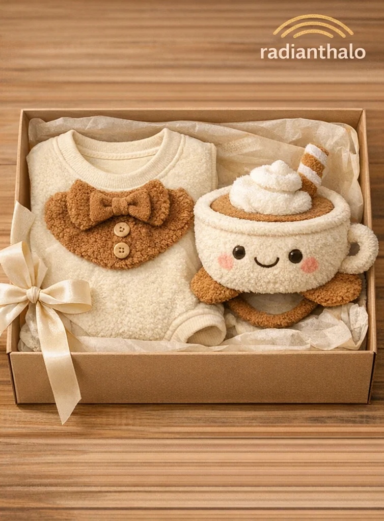 Cozy Teddy Baby Gift Set with Bow Bib Romper & Plush Latte Cup Headband