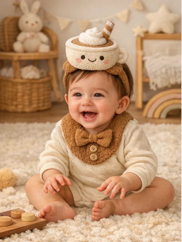 Cozy Teddy Baby Gift Set with Bow Bib Romper & Plush Latte Cup Headband