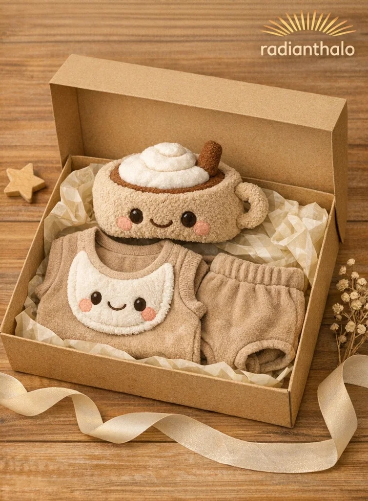 Soft Beige Baby Outfit Gift Box with Smile Bib Top, Shorts & Coffee Cup Headband