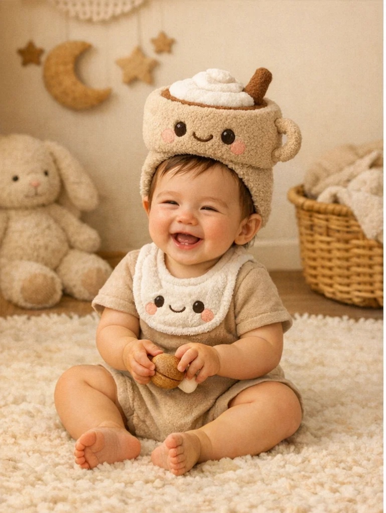 Soft Beige Baby Outfit Gift Box with Smile Bib Top, Shorts & Coffee Cup Headband