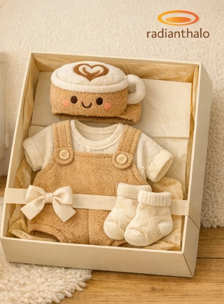 Boutique Brown Pinafore Baby Gift Box with Plush Latte Headband for Newborns