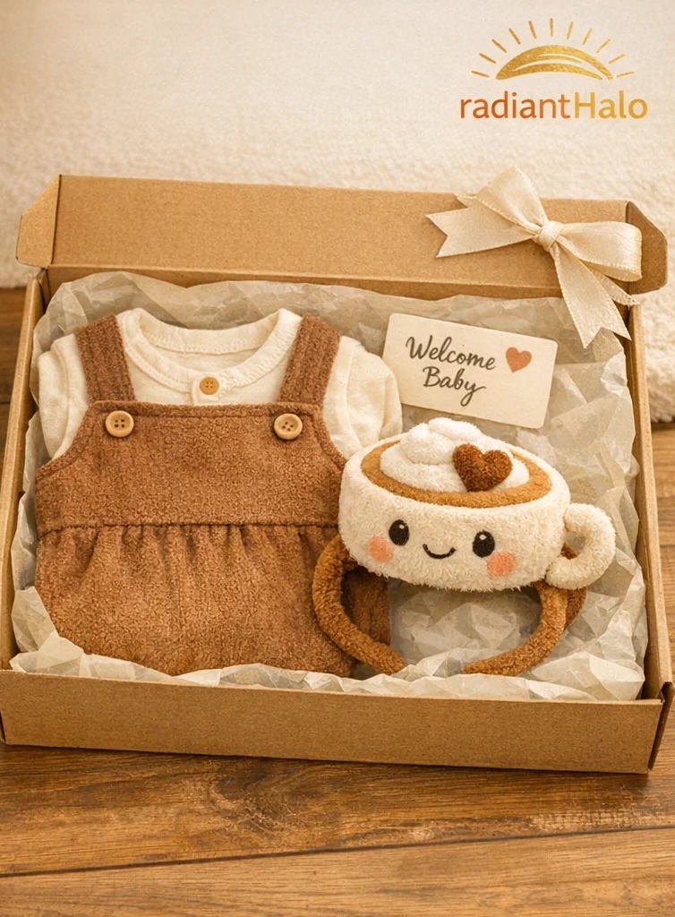 Neutral Suspender Romper Baby Gift Set with Latte Toy Headband and Socks