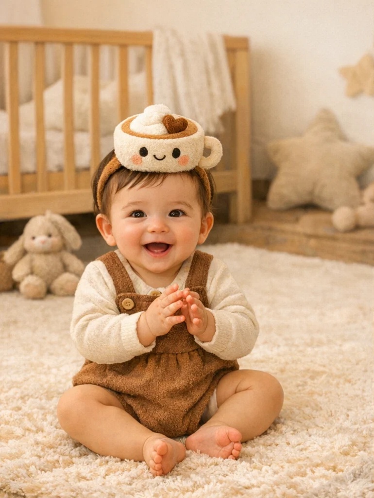 Neutral Suspender Romper Baby Gift Set with Latte Toy Headband and Socks
