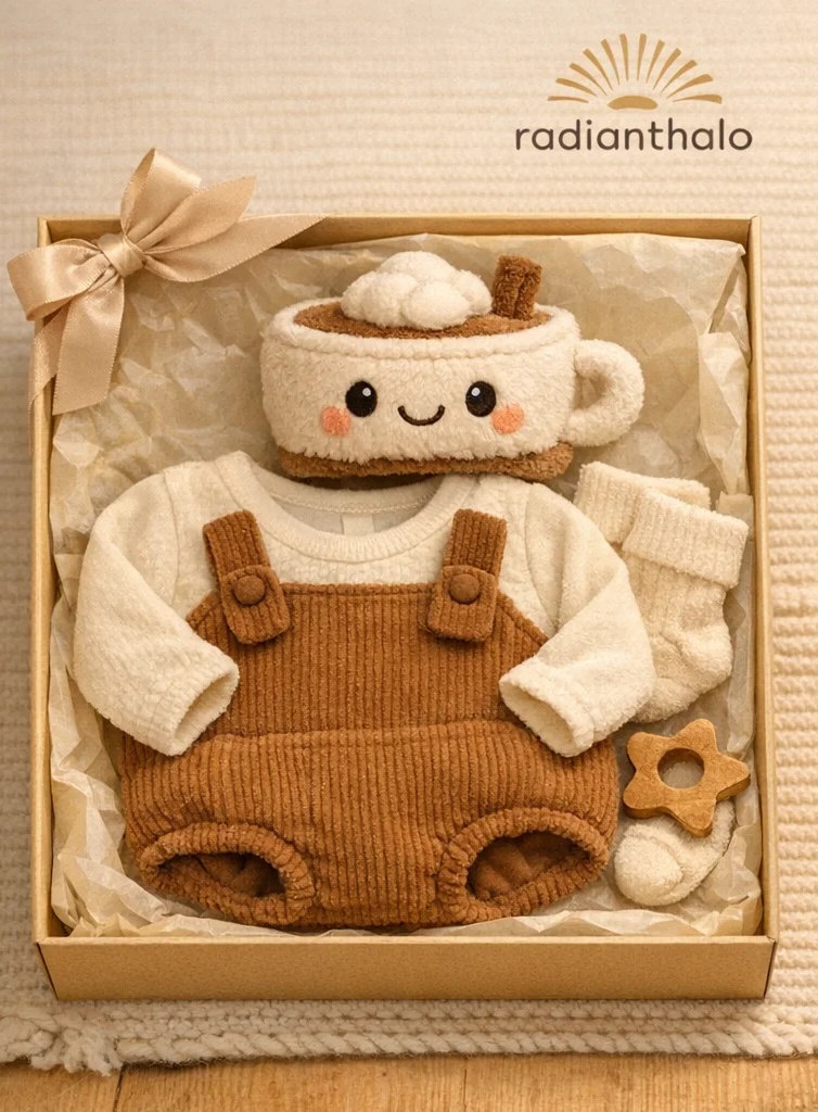 Corduroy Baby Romper Gift Set with Plush Cappuccino Headband, Socks & Rattle