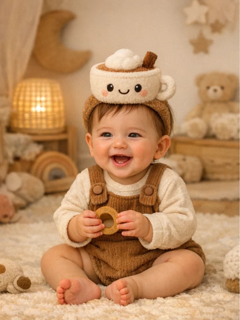 Corduroy Baby Romper Gift Set with Plush Cappuccino Headband, Socks & Rattle