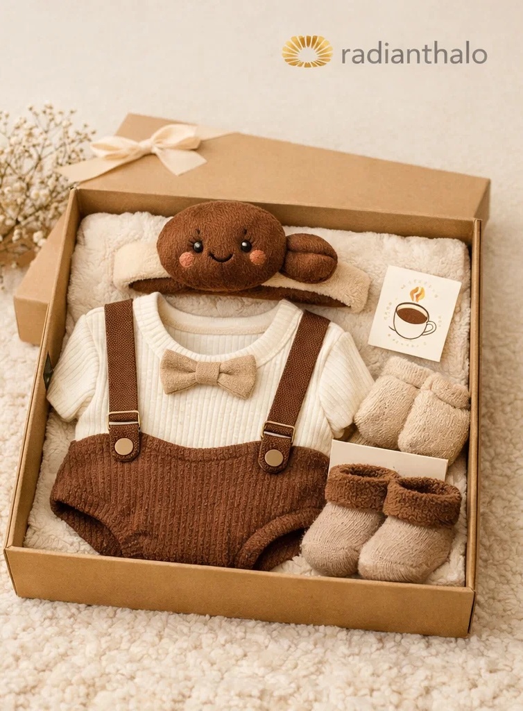 Coffee Bean Baby Gift Box with Bow Tie Suspender Romper, Socks & Plush Bean Headband