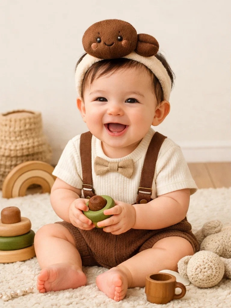 Coffee Bean Baby Gift Box with Bow Tie Suspender Romper, Socks & Plush Bean Headband
