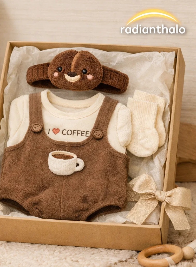 🐶 Wholesale Coffee Theme Baby Gift Box with Puppy Plush Headband and Suspender Romper