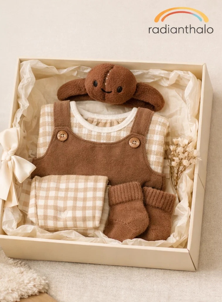 🐶 Boutique Brown Plaid Baby Gift Box with Puppy Plush Headband and Socks