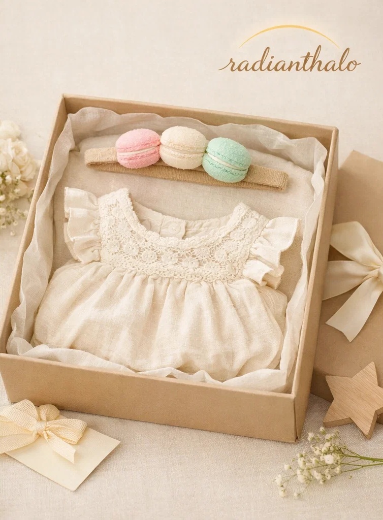 🎀 OEM Cream Lace Romper Baby Gift Box with Macaron Plush Headband