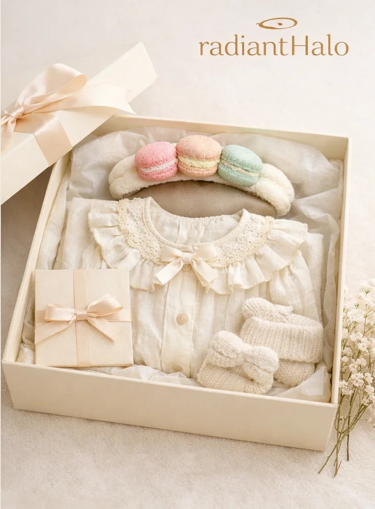🤍 Boutique Cream Lace Baby Gift Box with Macaron Plush Headband and Knit Booties