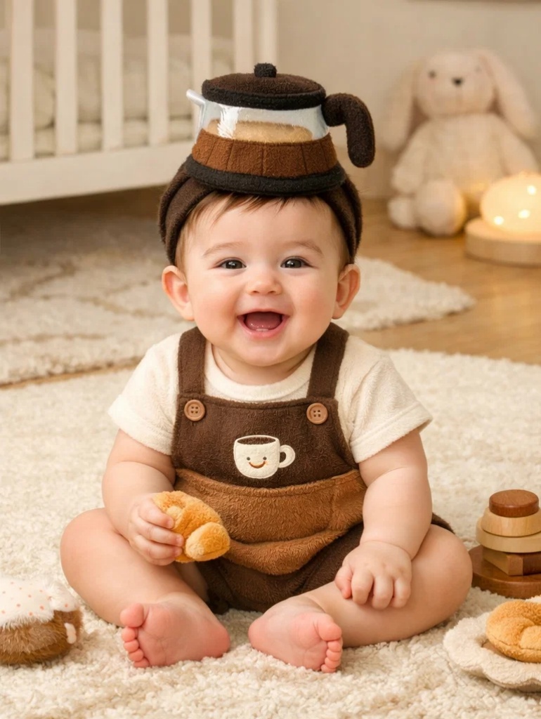 ☕ Boutique Coffee Pot Plush Headband Baby Gift Box with Brown Suspender Romper