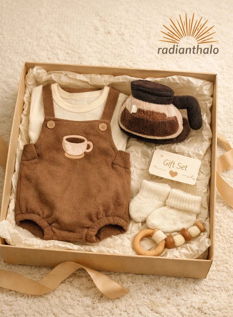 🤎 OEM Coffee Theme Baby Gift Box with Plush Pot Headband and Suspender Romper