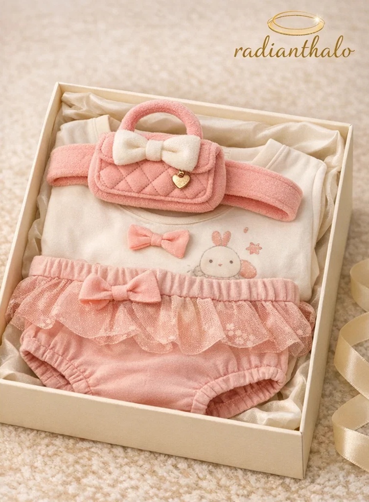 Coffret cadeau bébé fille style boutique avec bandeau peluche sac rose et ensemble fleuri