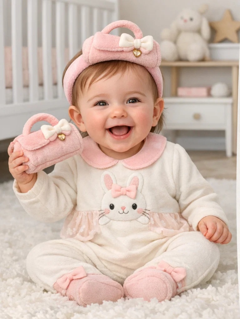 Coffret cadeau bébé fille style boutique avec bandeau peluche sac rose et ensemble fleuri