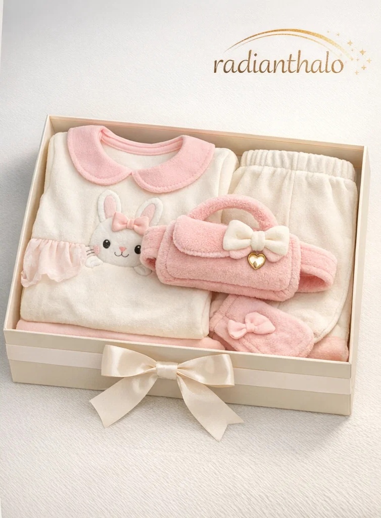 Premium Baby-Geschenkbox mit Hasen-Set, Plüsch-Handtaschen-Stirnband und Hose
