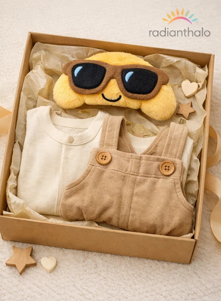 Caixa-presente premium para bebê com faixa de pelúcia sol de óculos e conjunto jardineira neutro