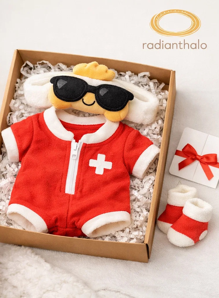 Set cadou premium pentru bebeluși cu salopetă roșie, botoșei și bentiță pluș soare cu ochelari
