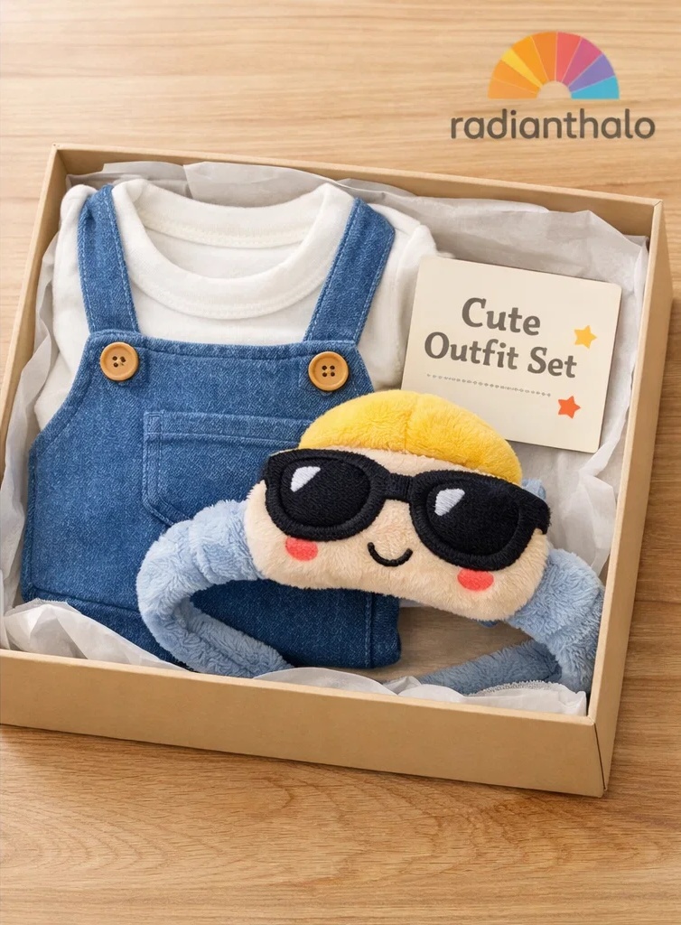 Caja regalo premium para bebé con peto vaquero, camiseta y diadema de peluche con gafas