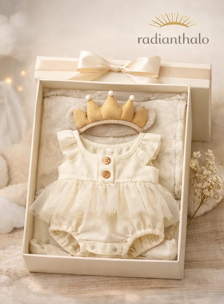 👑 Coffret cadeau bébé haut de gamme avec barboteuse crème en tulle et bandeau peluche couronne