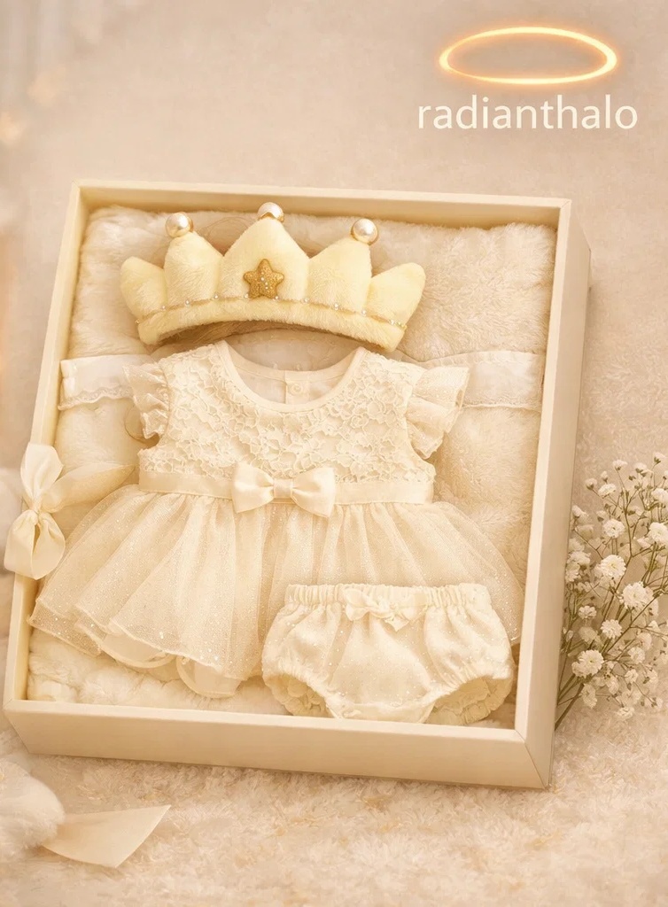 👑 Großhandel Baby-Geschenkbox mit Spitzenkleid, Bloomer und Plüsch-Kronenstirnband