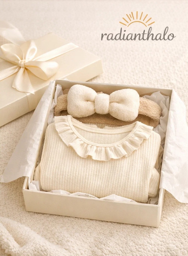 🎀 Caja regalo para bebé con vestido de tul crema y diadema de peluche con lazo rosa