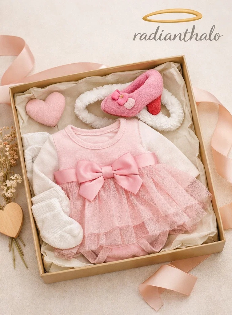 🎀 Cutie cadou premium pentru bebelusi cu bentita plusata tip funda si body crem cu guler dantelat
