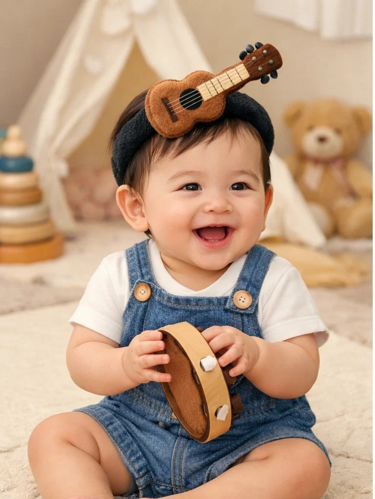 🎸 Coffret cadeau bébé boutique avec salopette denim et bandeau peluche guitare