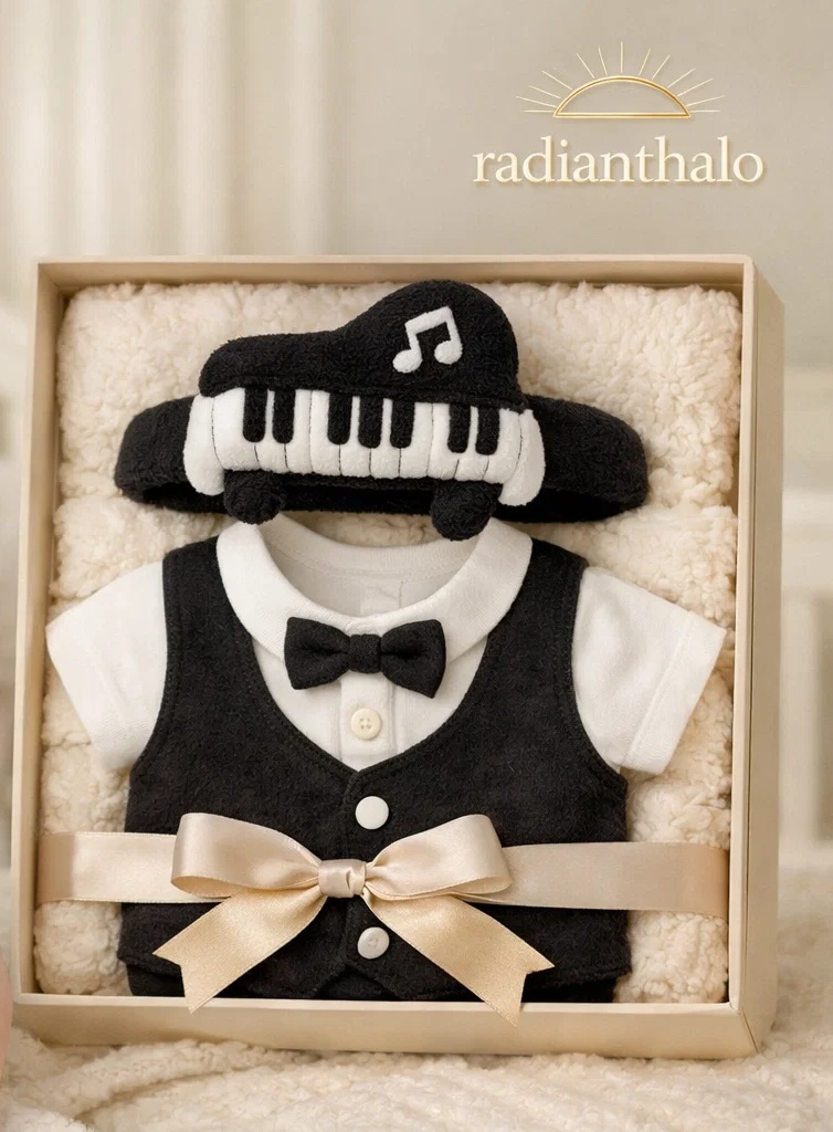 🎹 Caixa de presente para bebê premium com faixa de pelúcia piano e conjunto social preto