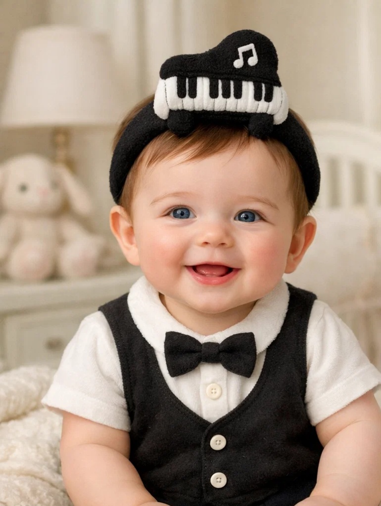 🎹 Caixa de presente para bebê premium com faixa de pelúcia piano e conjunto social preto
