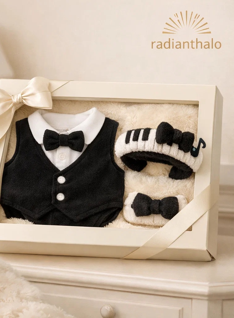 🎹 Cutie cadou premium pentru bebelusi cu bentita plusata pian si set elegant alb-negru