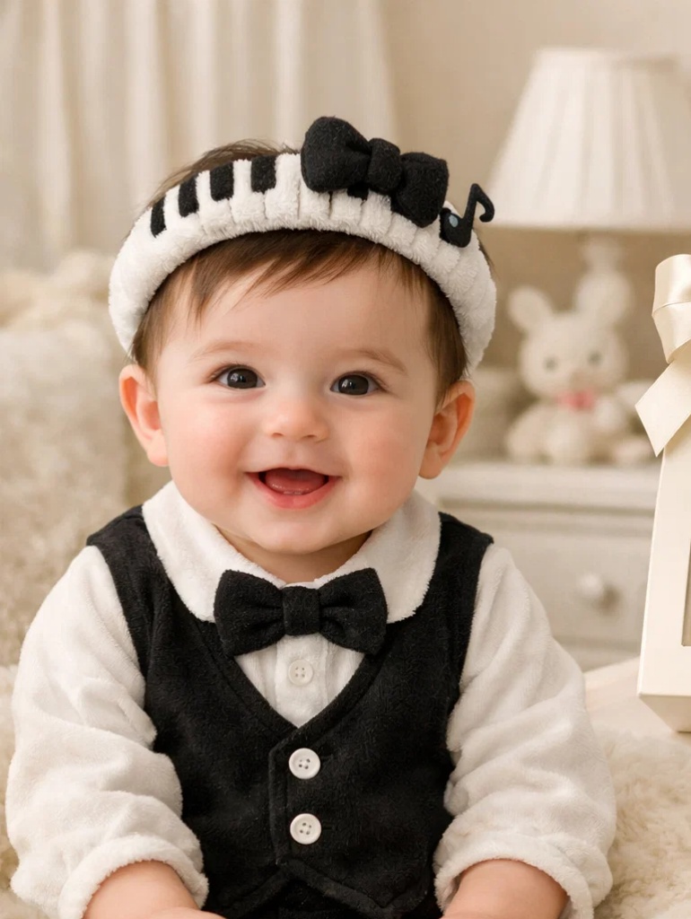 🎹 Cutie cadou premium pentru bebelusi cu bentita plusata pian si set elegant alb-negru
