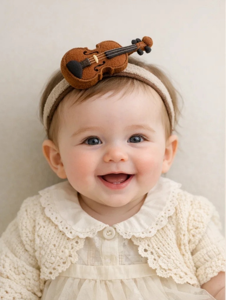 🎻 Caja regalo para bebé con vestido crema de tul y diadema de peluche con violín