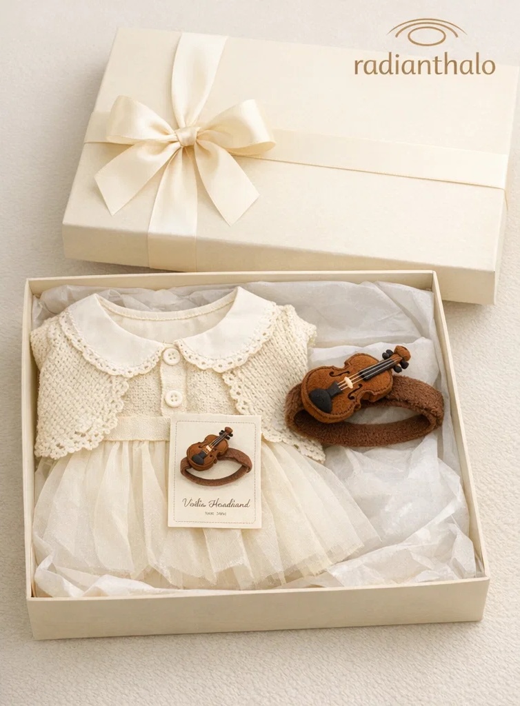 🎻 Caja regalo para bebé con vestido crema de tul y diadema de peluche con violín