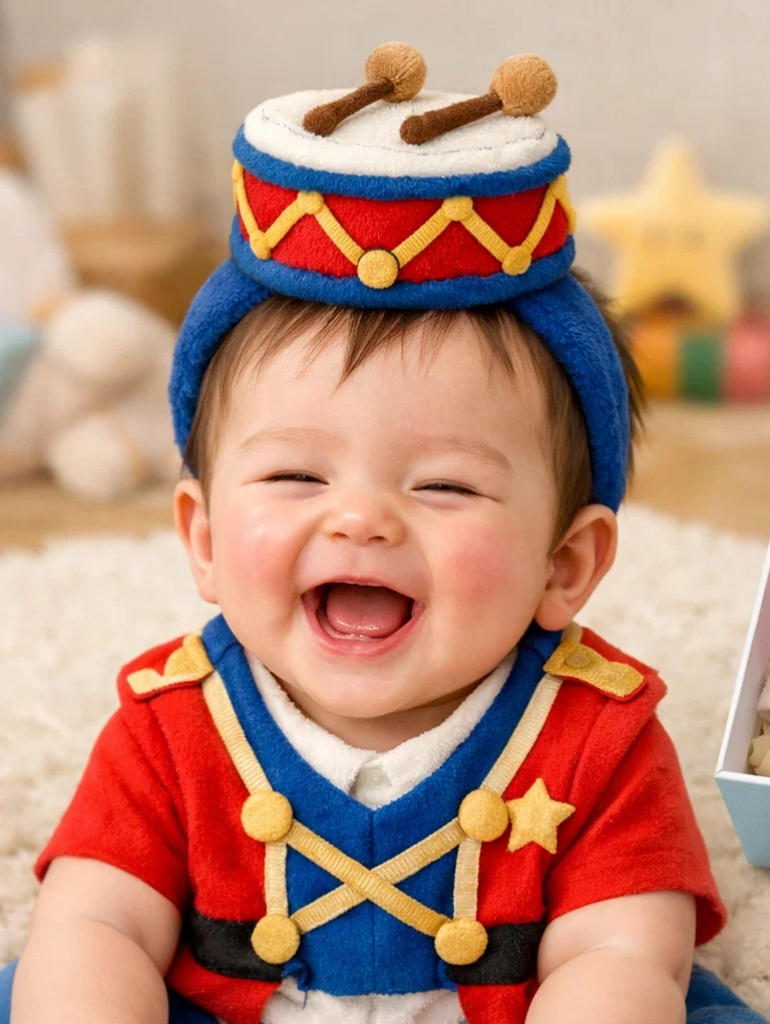 Coffret cadeau bébé style soldat musical avec bandeau peluche tambour, tenue parade et chaussettes