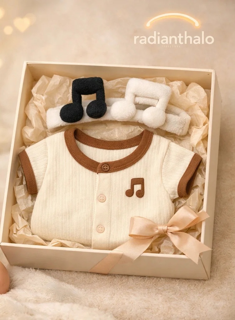 Caixa-presente premium para bebê com faixa de pelúcia de notas musicais e body canelado