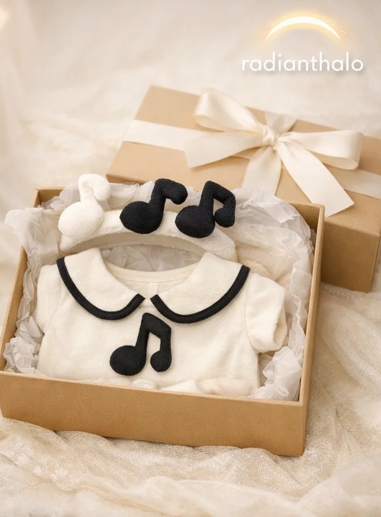 Caja regalo premium para bebé con conjunto musical blanco y diadema de peluche con notas