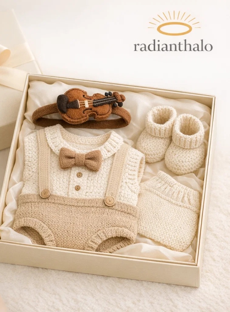 Wholesale Vintage Violin Newborn Knitted Gift Box Set with Detachable Plush Headband, Booties and Matching Accessories