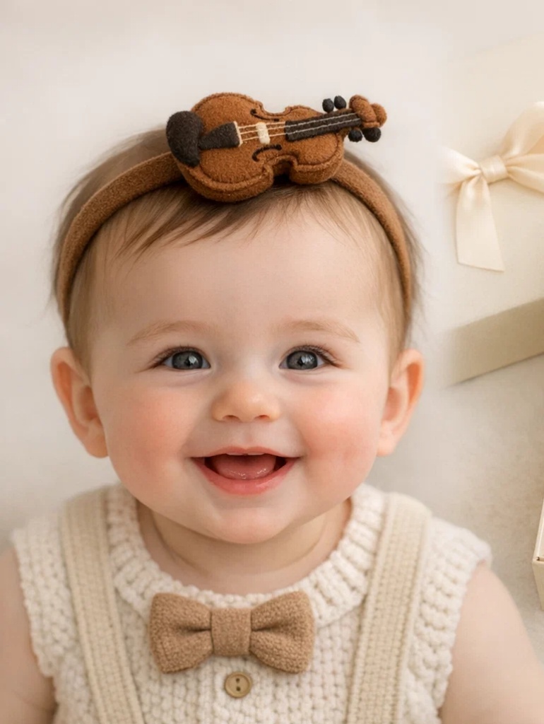 Wholesale Vintage Violin Newborn Knitted Gift Box Set with Detachable Plush Headband, Booties and Matching Accessories